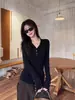 Camiseta de Manga Larga con Botones y Cuello Semiabierto Estilo Chica Picante Blanca Capa Base para Otoño/Invierno para Mujer Top Reductor Interior Corto