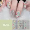 ZE16 refere-se a adesivos de unha estilo europeu e americano com grandes blocos de cor, estampas de leopardo, xadrez, estrelas, listras, e ornamentos para unhas.