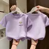 Camiseta de Algodão Puro de Manga Curta para Meninas 2026 Verão Fina Estampada Top Infantil Soltinho Respirável Versátil Camisa de Meia Manga