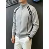 Gola alta com zíper esportivo casual versátil suéter de malha listrado masculino moda outono top urbano cardigã jaqueta cintura fina