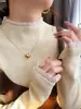 Suéter de Renda Branco Base Camada de Tricô Top para Mulheres Novo Outono/Inverno Estilo Coreano Roupa Elegante Top Amarelo