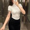 [Atacado Transfronteiriço] Nova Camiseta de Manga Curta Plissada Multicolorida de Gola Alta Pequena Pure Desire Sexy Slim Elástica Top Curto