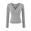 Camiseta puramente seductora de cuello en V cruzado y manga larga, nuevo estilo de otoño, sexy y versátil, corte ajustado, corta, top base de color liso