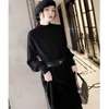 Saia de tricô francesa com casaco para mulheres outono e inverno novo cintura alta justa saia de base suéter vestido interno gola semi alta