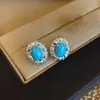 Pendientes de Plata de Ley S925 con Turquesa Pendientes Ovalados Cepillados Vintage Microincrustados Pendientes Geométricos de Moda Temperamento de Nicho