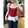 MR [Modal] Camisola Feminina Verão Onda Vermelha Bolinhas Doce Picante Barra com Laço Renda Slim