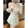 Una generación de resorte de pelo y hilo de otoño de encaje de lazo de terciopelo costura U-cuello manga larga camiseta mujer top ajustado delgado
