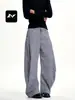 Con unos ricos pantalones casuales de pierna ancha a cuadros azul americano, diseño holgado unisex, simples personalizados, adelgazantes, pantalones largos holgados con curvas