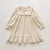 Roupas Infantis Estilo Coreano Outono 2026: Vestido Doce de Princesa com Manga Longa, Gola, Laço e Renda para Meninas, Algodão