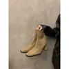 Primeiro Encontro Jifa Botas Francesas para Emagrecer Botas de Salto Médio Veludo Elástico Botas Femininas Outono e Inverno Marrom Retro Botas Curtas Botas de Cavaleiro Britânico