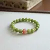 Colección Río de Primavera Flor de Durazno Pulsera Verde Oliva Natural con Pulsera Estilo Puesto Rosa, Pulsera de Cuentas Estilo Chino Paisaje