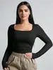 2026 Ropa de Mujer Cruzada Europea Amazon Nueva Moda Cómoda Casual Ajustado Cuello Cuadrado Manga Larga Top Corto Camiseta