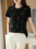 Camiseta de algodão mercerizado com strass cor sólida estilo western feminina base afinadora para o dia a dia primavera e verão nova gola redonda fio de algodão manga curta