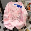 Sudadera Rosa Tie-Dye Suelta Personalizada de Nuevo Estilo Otoño e Invierno para Mujer con Líneas Simples y Diseño de Gato Cuello Redondo