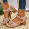 Sandalias de metal de tacón medio para mujer de talla grande transfronterizas europeas y americanas, nuevas sandalias romanas huecas de tacón grueso para otoño 2026 para mujer
