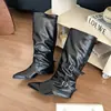 Botas Femininas Retro Versáteis Acima do Joelho Salto Bloco Bico Fino Moda Outono Para Calça 2026 Emagrecedoras Longas