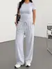 Nuevo Producto Europeo y Americano de Amazon 2026: Conjunto Casual de Color Sólido con Mangas Largas, Top y Pantalones de Pierna Ancha de Cintura Alta, Ropa Deportiva