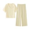 Novo Conjunto de Pijama de Viscose Cetim Estilo Artístico Gola Ondulada Bordado Lapela Grande Manga Curta Calças Roupas de Casa