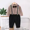 Roupas Infantis Meninos Roupas de Outono Conjunto Casual Bebê Roupas de Primavera e Outono Xadrez Suspensórios Manga Longa Conjunto de Duas Peças Fabricante Atacado