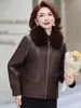 Nuevo Abrigo Cálido Grueso Elegante para Mamá para Mujeres de Mediana Edad, Chaqueta de Cuero Impermeable para Mujer con Cuello de Piel Corto para Otoño e Invierno