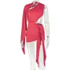 Estilo europeu transfronteiriço cor sólida feminina renda amarração sexy justa ao corpo irregular saia estilo de rua diagonal gola vazada moda vestido