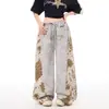 Calça Casual Reta com Estampa de Design Americano High Street 2026 para Homens e Mulheres Verão Nova Moda Calça Afunilada Emagrecedora