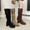 Botas de tacón alto de plataforma, botas largas para mujer, nuevo estilo otoño e invierno 2026, gamuza retro plegables de doble uso con tacón grueso de tubo alto para montar