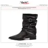 Bota corta versátil de estilo europeo y americano, con pliegues, punta fina, tacón grueso, diseño de caña apilada 2026, nueva bota adelgazante para mujer