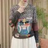 Verão 2026 Novo Top Feminino Gola Redonda Solto Tie-Dye Estampa de Gato Desenho Animado Manga Longa Moda Estilo Coreano