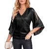Amazon Transfronterizo Top de Mujer Holgado con Cuello en V Lentejuelas Mangas de Campana Nuevo Moda Casual Tendencia Camiseta Estilo Vacacional