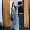 Traje Casual Cuello en V Falso Dos Piezas Suéter de Manga Larga para Mujer 2025 Otoño Pantalones de Pierna Ancha de Cintura Alta Conjunto de Dos Piezas