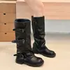 Hebilla de cinturón de cuero sintético botas de moda western para mujer 2026 otoño nuevo estilo botín plisado botas de caña alta