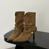Botas de Moda Vintage con Punta Fina y Tacón de Aguja Fruncidas a Media Pantorrilla para Mujer, Nuevas de Otoño/Invierno Versátiles Ajustadas Elásticas de Moda
