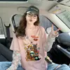 Camiseta de Algodón Puro con Parches de Encaje Súper Caliente de Verano para Mujer Estilo Retro Americano Estampado de Dibujos Animados Holgada Casual Top Falso de Dos Piezas