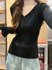 Suéter de Punto Canalé Suave con Cuello en V y Media Botonadura Estilo Coreano para Mujer Primavera/Otoño Ajuste Delgado Suave de Manga Larga Top Base