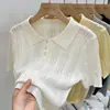 2026 Nuevo Diseño de Verano Camisa de Punto Hueca con Cuello y Mangas Cortas para Mujer, Única y Elegante, Top de Medio Manga de Nicho