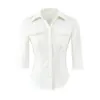 Camisa de Manga Larga de Cinco Botones Ajustada Estilo Puro Deseo para Mujer, Otoño Sexy Cintura Ceñida Doble Bolsillo Color Sólido Cuello Solapa Manga Media