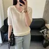 Camisa de Punto de Seda Helada de Manga Corta con Cuello Marino Estilo Coreano Nuevo Verano 2026 para Mujer, Corte Holgado, Adelgazante, Camiseta Versátil, Top Delgado