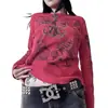 Amazon Principios de Primavera Ins Transfronterizo Europeo y Americano Nuevo Estampado Retro Europeo y Americano Pedrería Cuello Redondo Y2K Ajustado Manga Larga Top para Mujer
