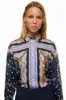 Bestseller transfronterizo europeo y americano: top de lunares azules con estampado de cadena para mujer, cárdigan con cuello, elegante camisa de gasa de manga larga