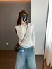 Camiseta de Manga Longa com Gola Henley e Abertura Pequena, Modelagem Levemente Solta, Mistura de Algodão e Liocel, Design Patchwork H040610
