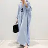 Comercio Exterior Transfronterizo Ropa de Talla Grande para Mujer al por Mayor Falda Larga Falda Recta a Rayas Falda Camisa Abrigo Holgado Vestido de Tres Cuartos