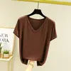 Camiseta base de modal estilo coreano para mulheres, corte solto, plus size, manga curta, adequada para usar em camadas, nova blusa primavera/verão, camiseta lisa, camiseta com decote V