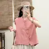 Camisa de algodão de fio duplo, respirável para o verão, estilo chinês com carcela diagonal e fecho de botões retrô, fio de algodão para bebês, top respirável e amigo da pele