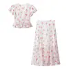 Conjunto floral de dos piezas transfronterizo de comercio exterior para mujer: top de cuello redondo con manga con volantes y fruncido en la cintura con bajo de volantes + falda larga con bajo de volantes