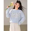 Suéter de Flores Azules para Mujer Otoño Invierno Estilo Coreano Tejido Perezoso Top Petite Azul Cielo