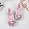 Novo Estilo de Inverno Sapatos Azuis de Princesa Elsa para Meninas com Laço Sapatos de Cristal e Sapatos de Veludo de Salto Alto Infantil Atacado