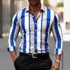 Camisa masculina simples de manga comprida transfronteiriça, clássica para negócios, listras coloridas, primavera e outono, estampa digital 3D, top