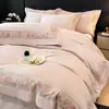 Conjunto de Roupa de Cama de Quatro Peças 100% Algodão Longo Algodão Puro Amigo da Pele Capa de Edredom Estilo Luxo Leve Bordado Cor Pura Artesanato Estilo Lençol