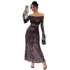 Nuevo Vestido de Fiesta Estilo Comercio Exterior, Vestido de Malla con Estampado de Leopardo, Mangas Largas, Hombros Descubiertos, Estilo Retro Francés para Mujer, Vestido de Alta Gama